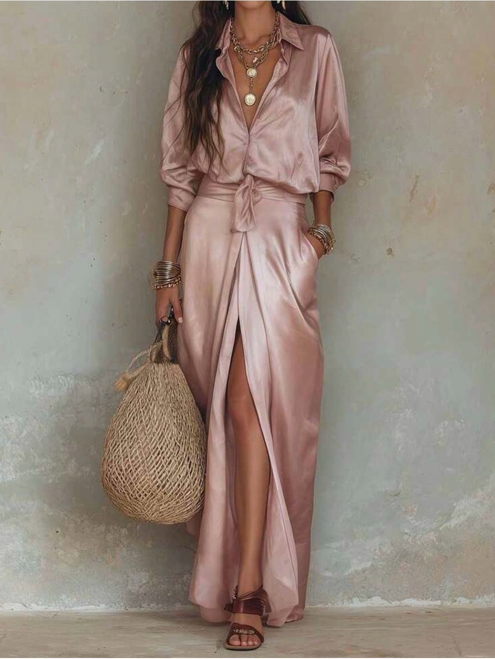 Long sleeve elegant satin dress